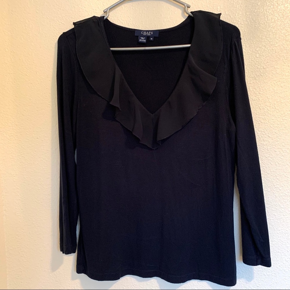 Chaps Navy Blue Knit Long Sleeve Ruffle Neck